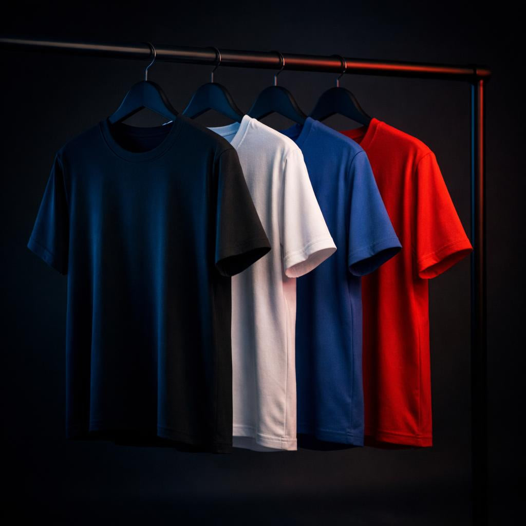 Four t-shirts in black, white, blue, and red hanging on a rack against a dark background.